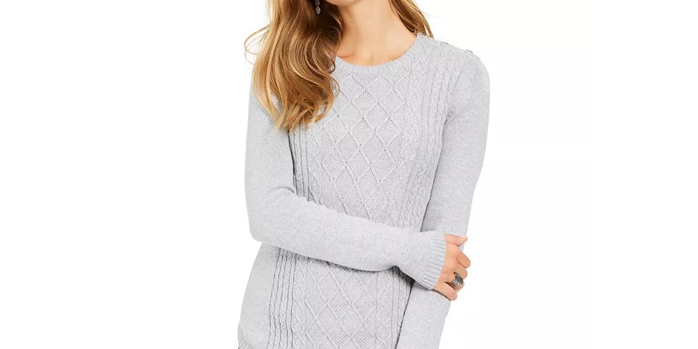 Charter Club Women's Metallic Crewneck Cable-Knit Sweater  Gray Size Extra Small