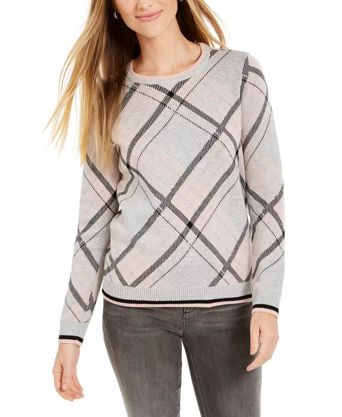 Charter Club Women's Plaid Crewneck Sweater Medium Grey Size X-Large
