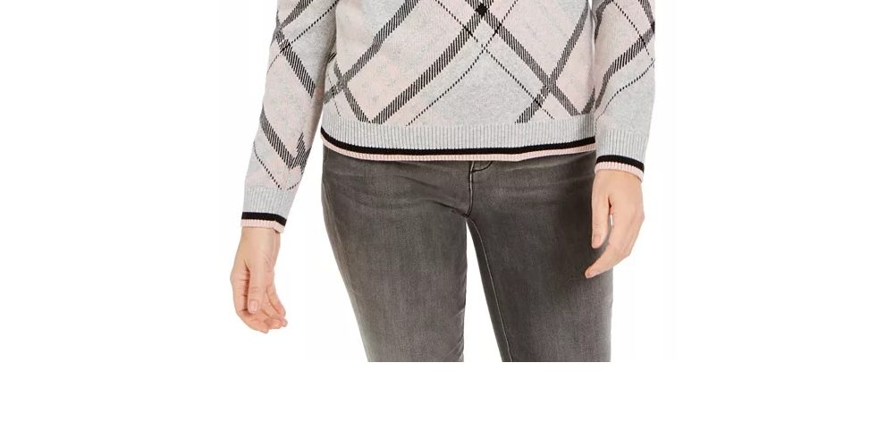 Charter Club Women's Plaid Crewneck Sweater Medium Grey Size X-Large