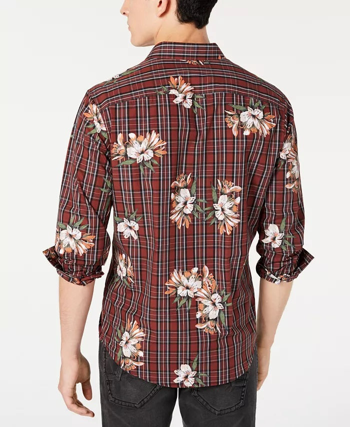 INC International Concepts Men's Plaid Floral Shirt Brown Size Medium