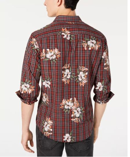 INC International Concepts Men's Plaid Floral Shirt Red Size X-Large