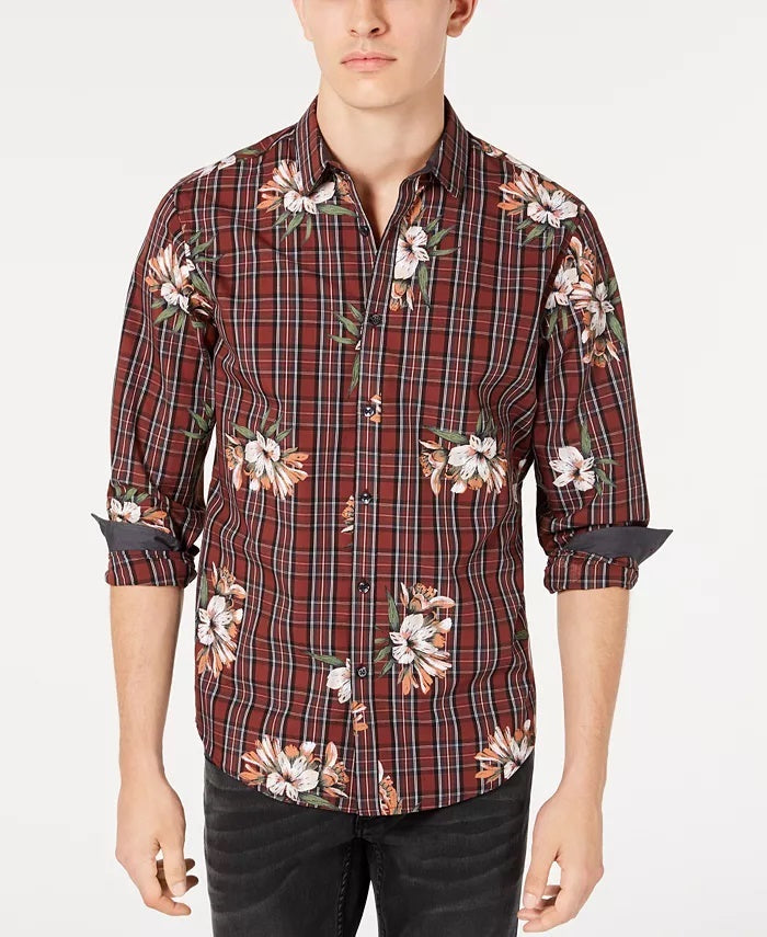 INC International Concepts Men's Plaid Floral Shirt Red Size Large