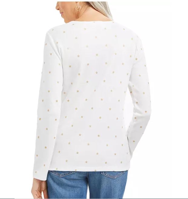 Karen Scott Women's Glitter Starburst Scoop Neck Top White Size Large