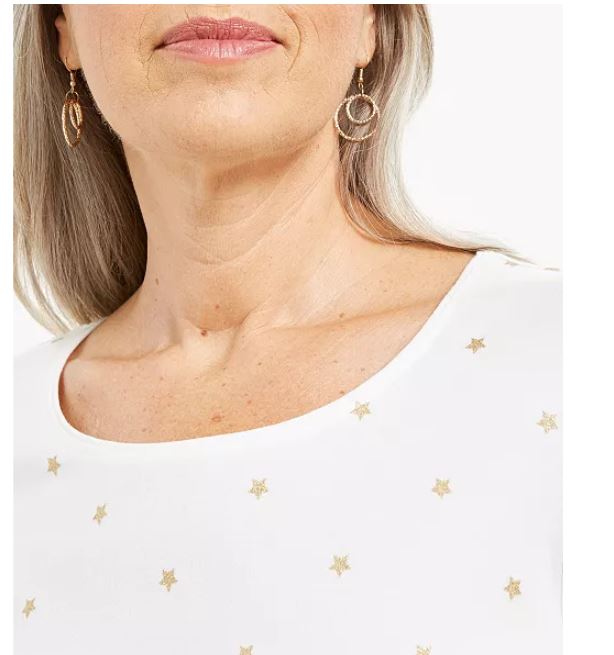 Karen Scott Women's Glitter Starburst Scoop Neck Top White Size Large