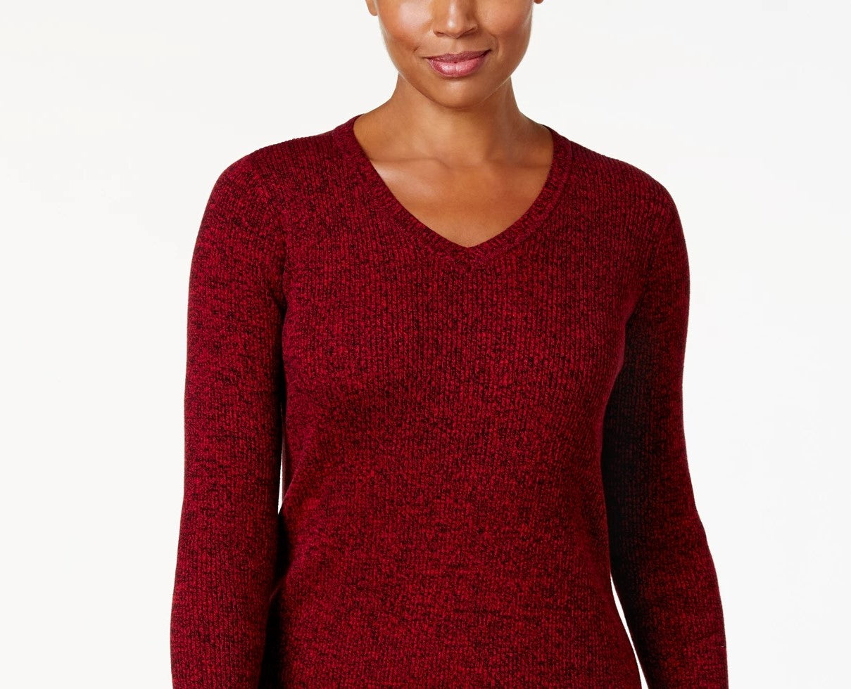 Karen Scott Women's Petite Cotton Ribbed Marled Sweater Bright Red Size Medium