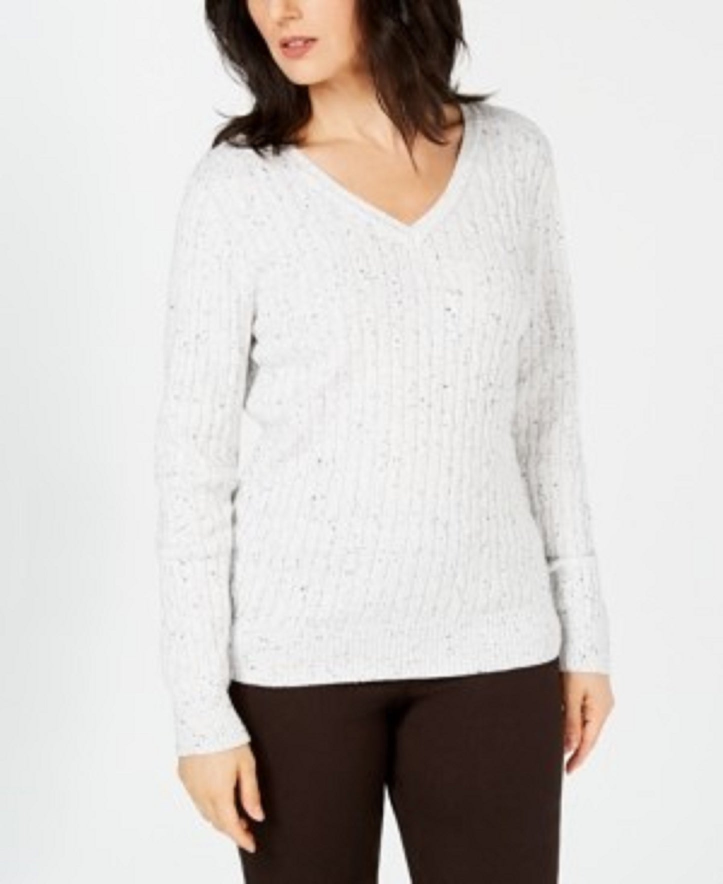Karen Scott Women's Cable-Knit V-Neck Sweater Natural Size Medium