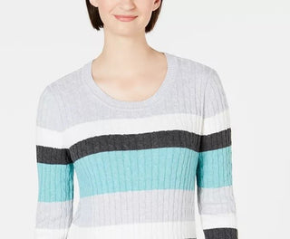 Karen Scott Women's Veronica Striped Cotton Cable Sweater Turq/Aqua Size Medium