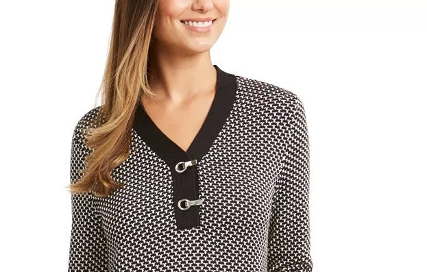 Karen Scott Women's Contrast-Trim Textured Cotton Sweater Black Size Large