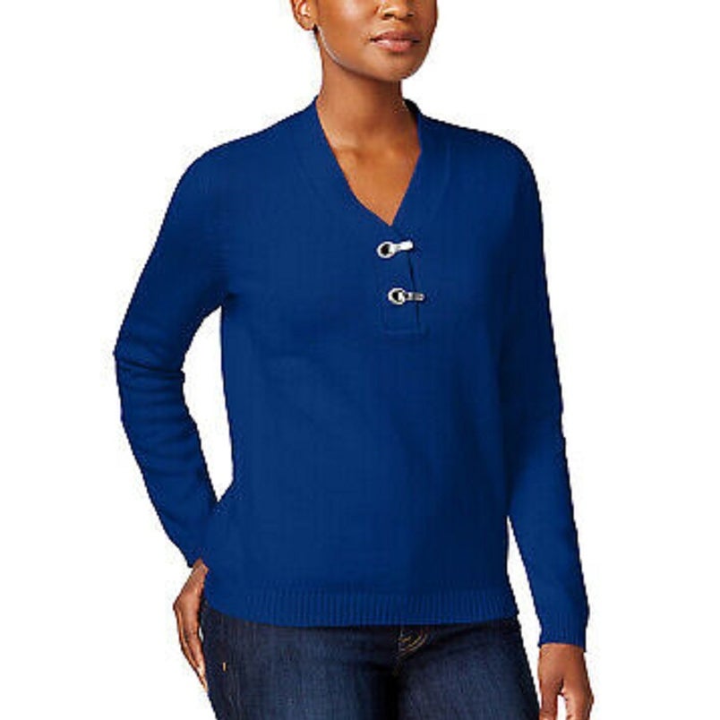 Karen Scott Women's Cotton Marled Henley Sweater Dark Blue Size Small