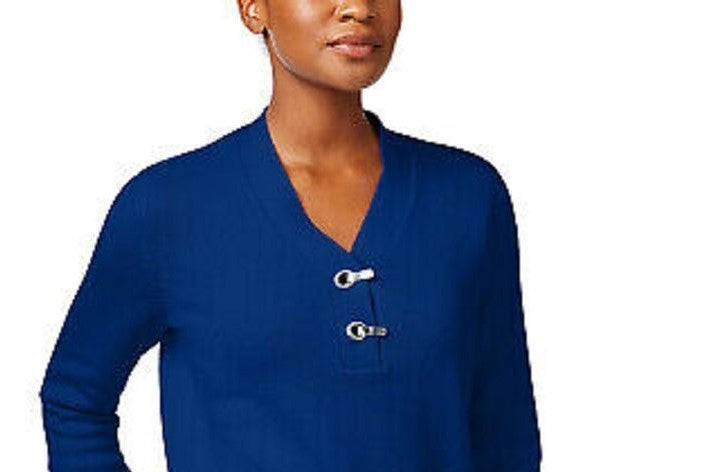 Karen Scott Women's Cotton Marled Henley Sweater Dark Blue Size Small