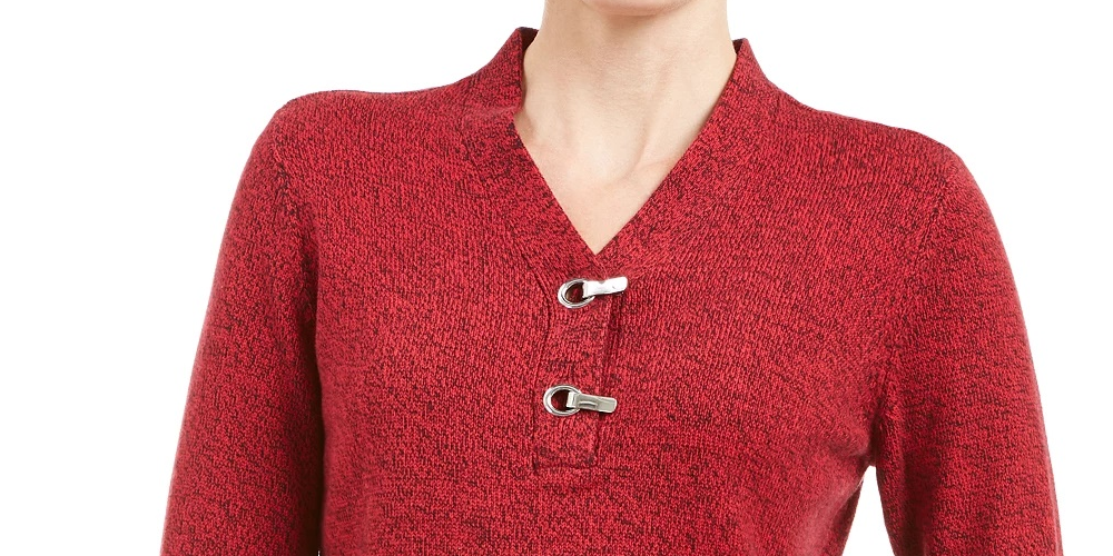 Karen Scott Women's Hardware Trim Cotton Henley Sweater Red Size Petite Small