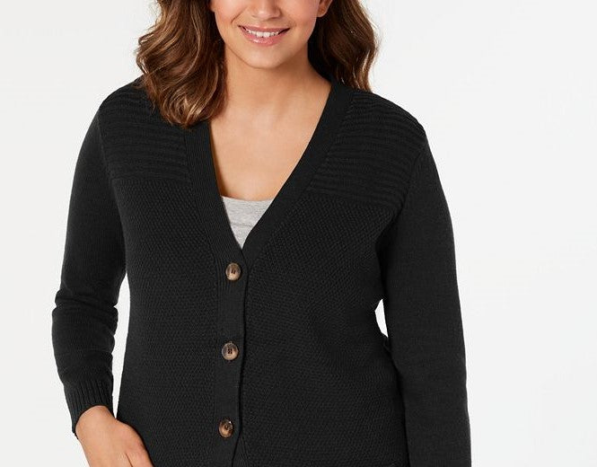 Karen Scott Women's Mixed-Stitch Button-Front Cardigan Black Size Extra Large