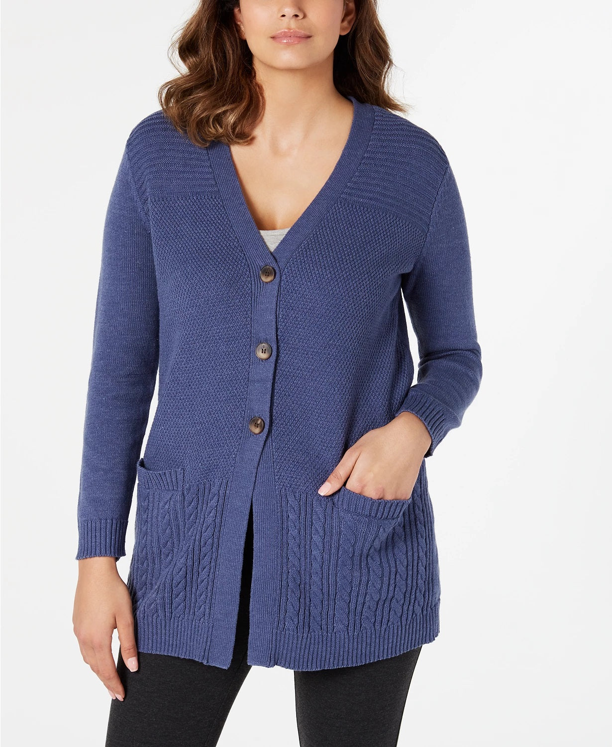 Karen Scott Women's Mixed-Stitch Button-Front Cardigan Blue Size Extra Small