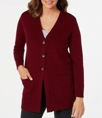 Karen Scott Women's Mixed Stitch Button Front Cardigan Red Size Small