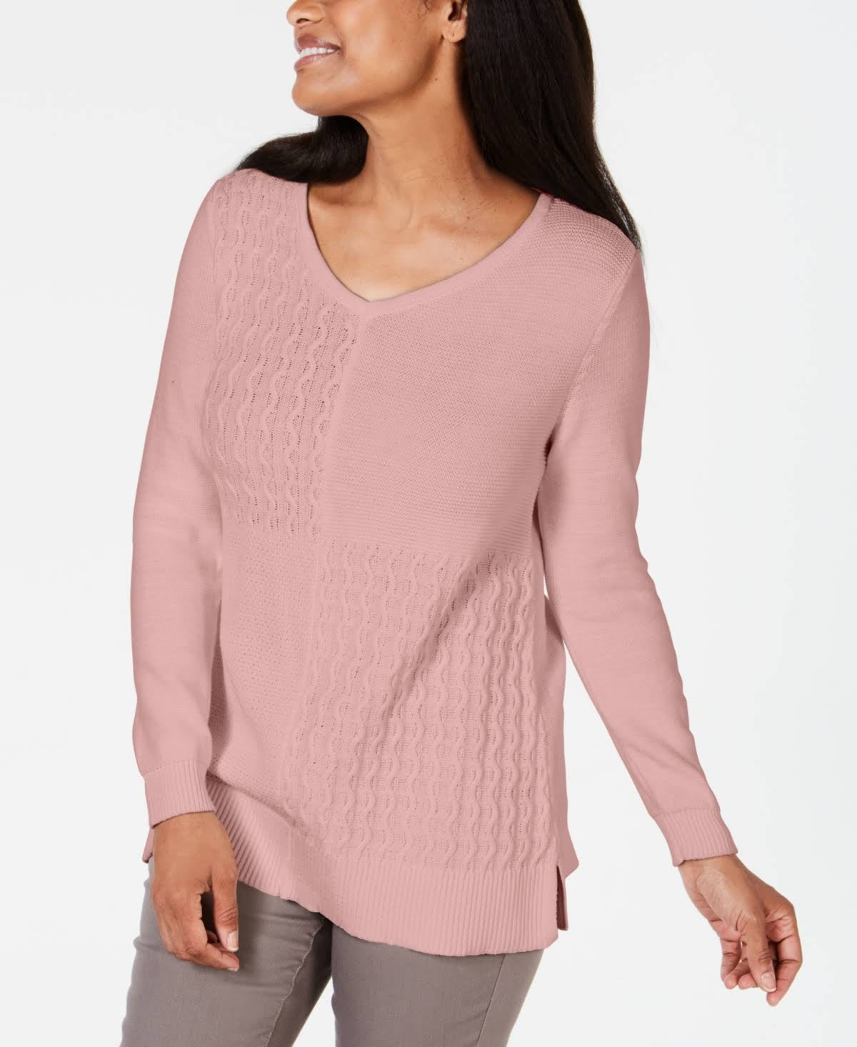 Karen Scott Women's Cotton Mixed Stitch Sweater Pink Size Medium