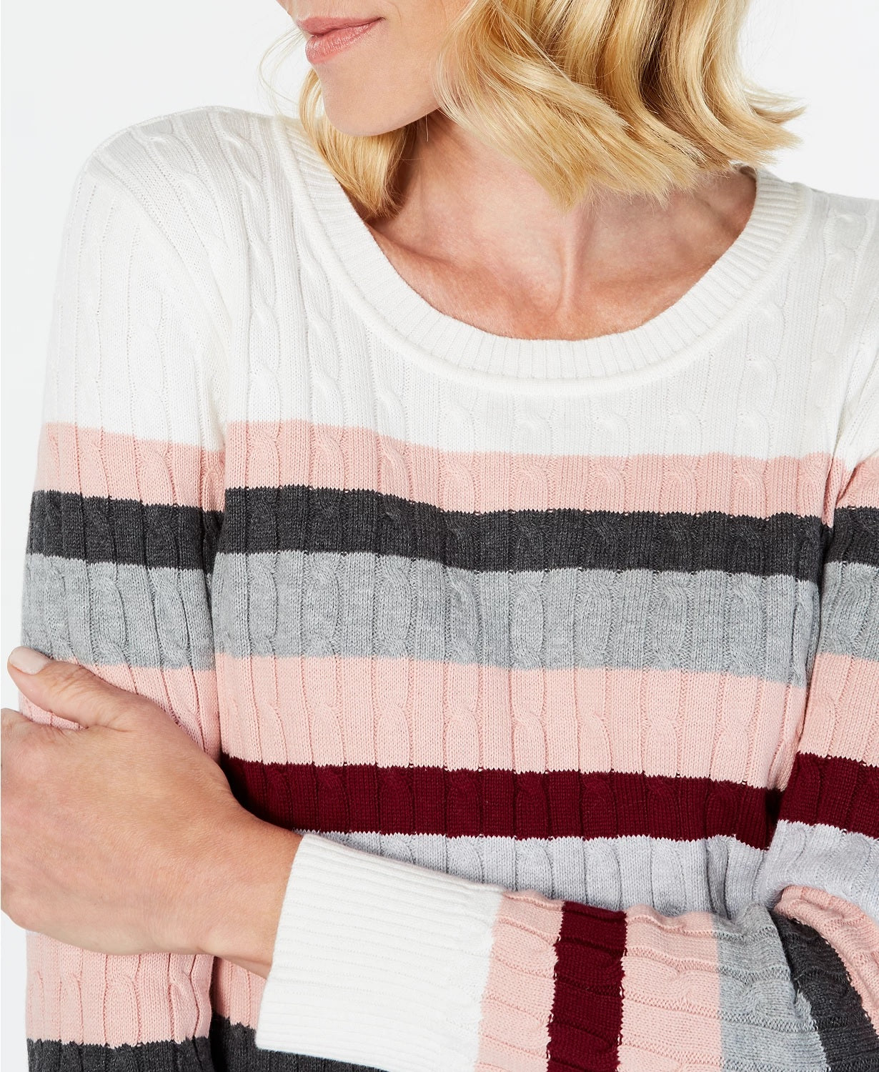 Karen Scott Women's Holly Striped Cotton Cable Sweater Red Size X-Large