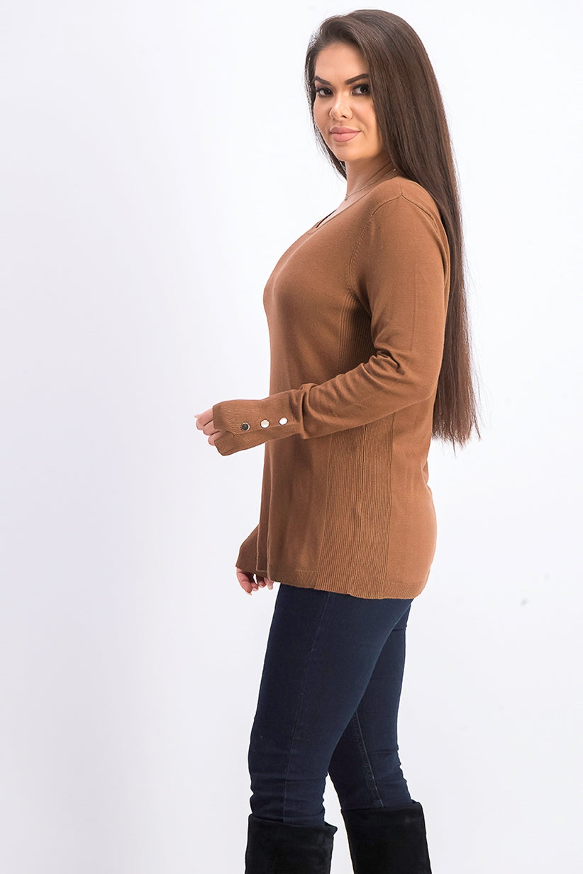 JM Women's Collection Button-Cuff Crewneck Sweater Brown Size XX Large