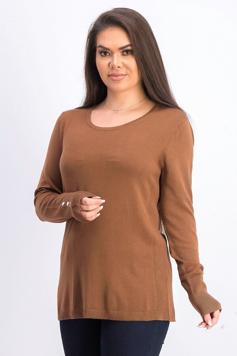 JM Collection Women's Button Cuff Crewneck Sweater Brown Size Medium