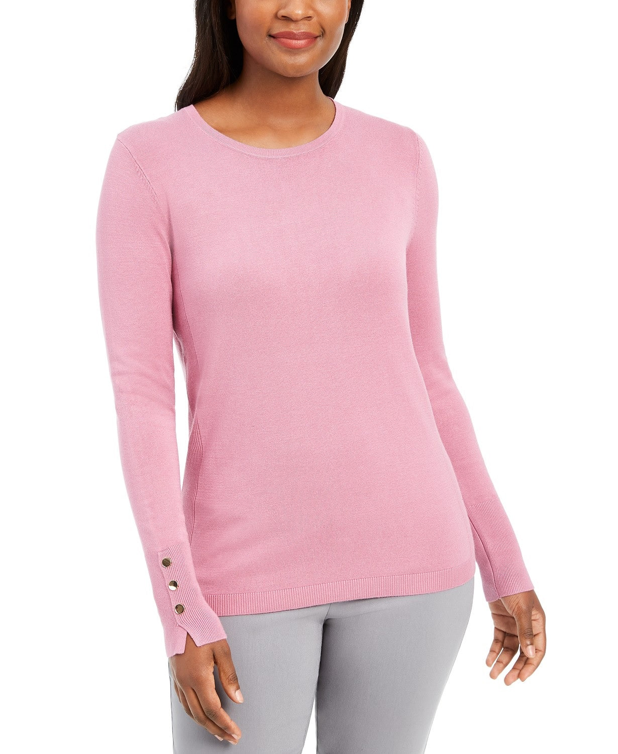 JM Women's Collection Button-Cuff Crewneck Sweater Med Pink Size XX Large