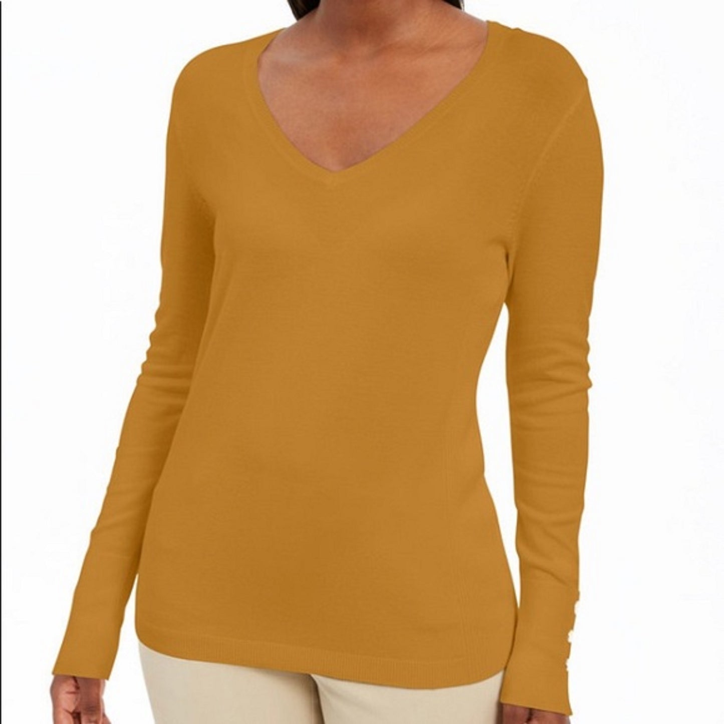 JM Women's Collection Embellished-Sleeve V-Neck Sweater Gold Size Large