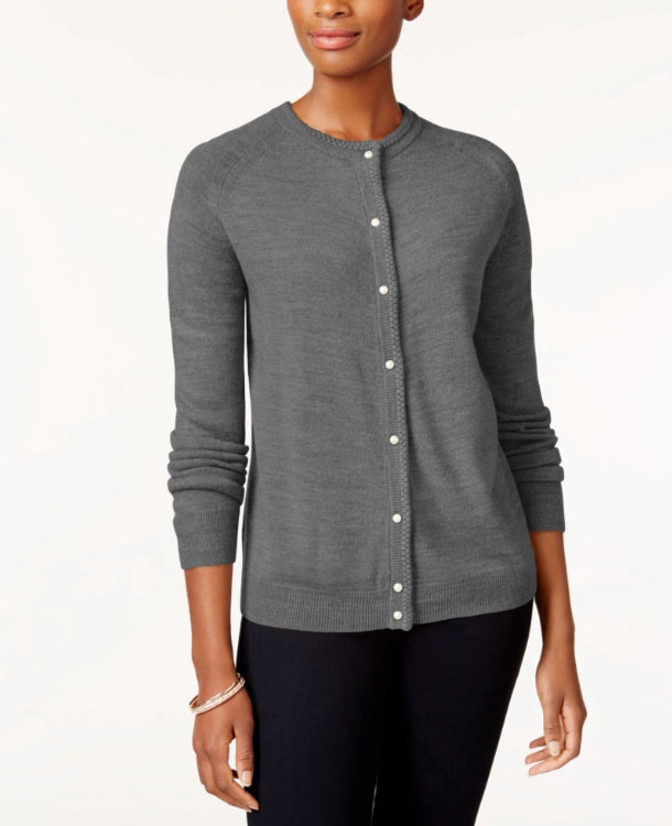 Karen Scott Women's Bead-Button Cardigan Grey Size Small