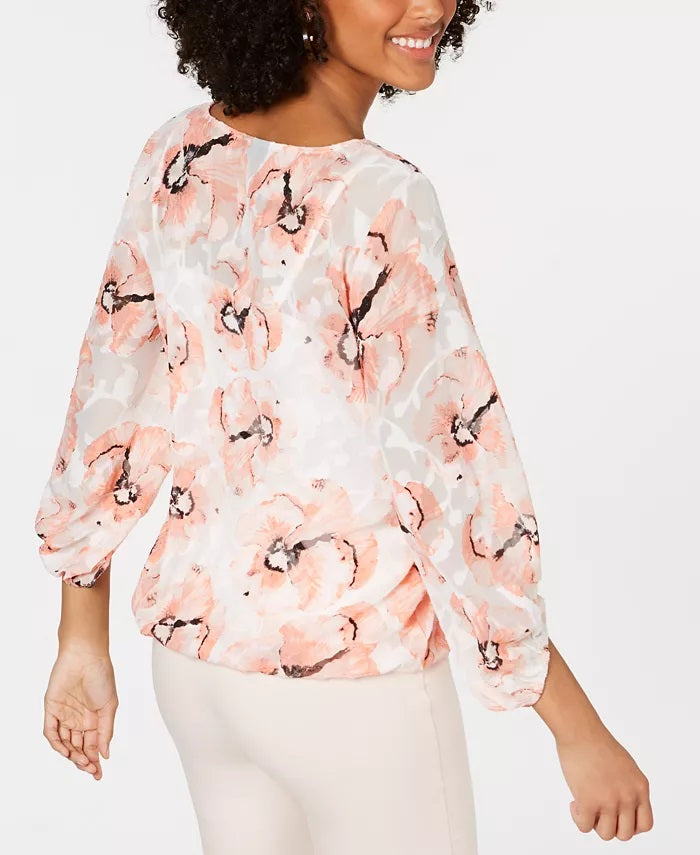 Alfani Women's Petite Printed Bubble-Hem Top Orange Size Medium