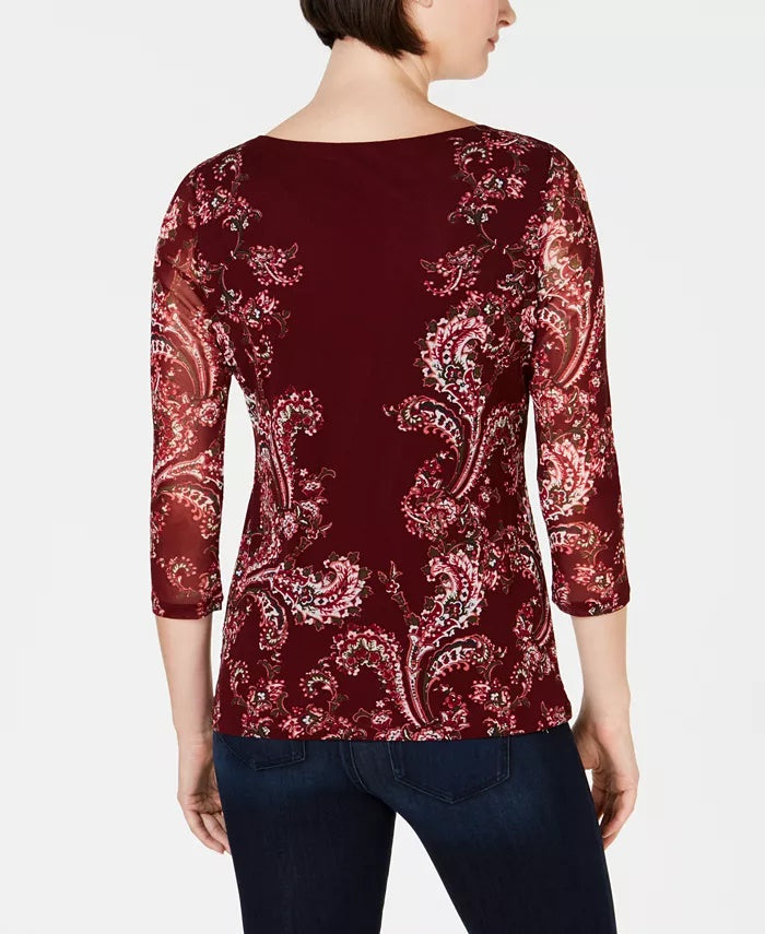 Charter Club Women's Petite Floral-Print Mesh Top Wine Size Medium