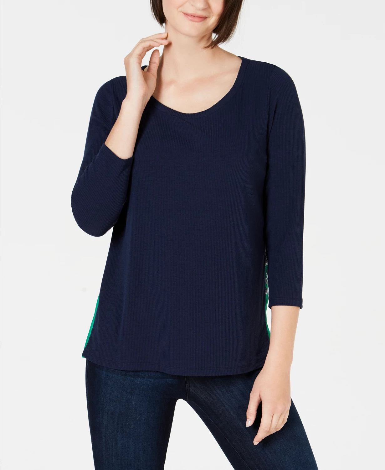 Charter Club Women's Contrast Pleated-Back Ribbed Top Blue Size Large