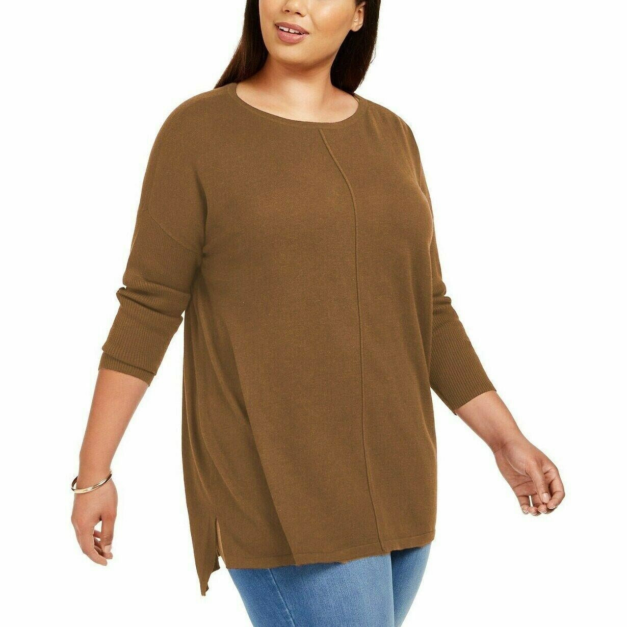 Style & Co Women's Seam-Front Tunic Sweater Brown Size Medium