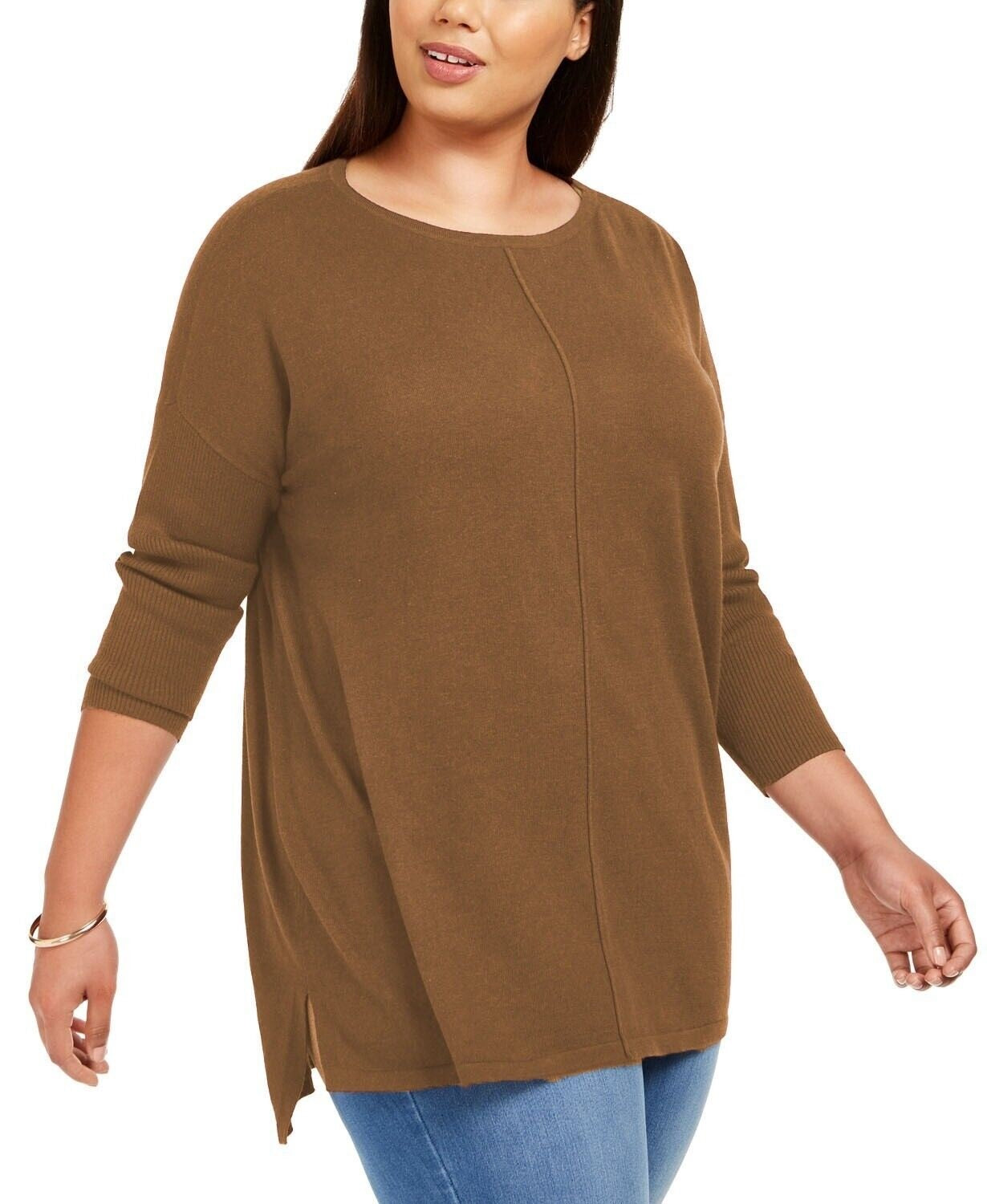 Style & Co Women's Seam-Front Tunic Sweater Brown Size Extra Small