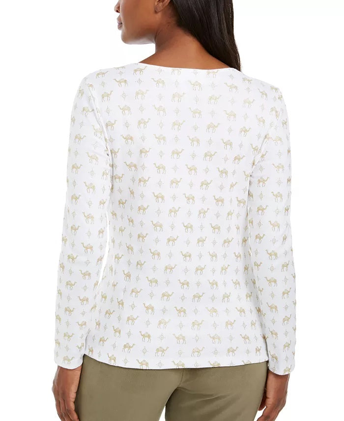 Karen Scott Women's Shimmer Camel-Print Top White Size Small