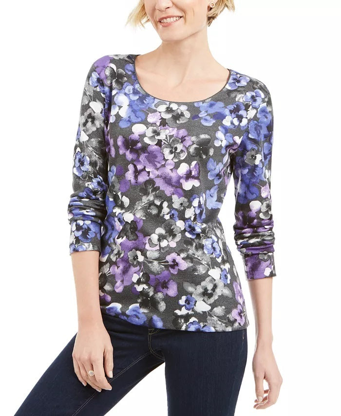 Karen Scott Women's Printed Scoop Neck Top Blue Size Small