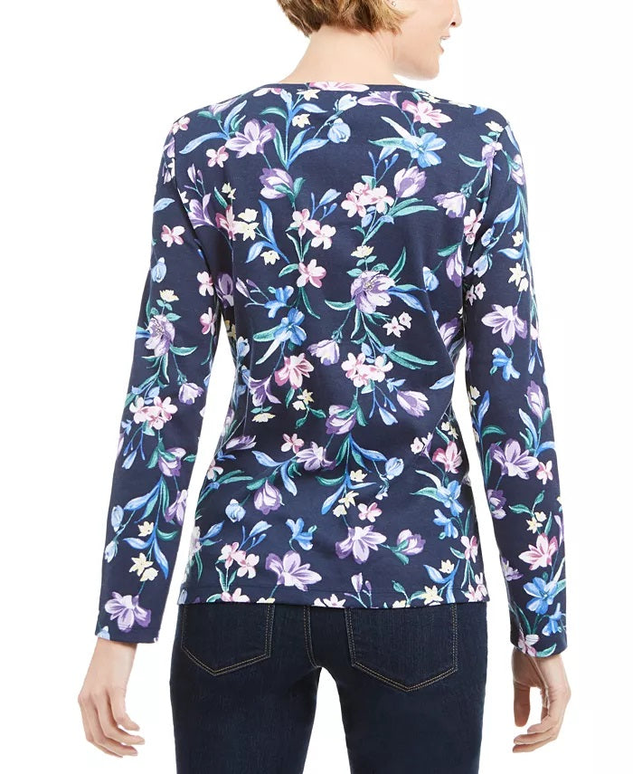 Karen Scott Women's Floral Print Henley Top Navy Size Small