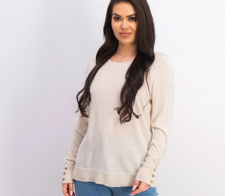 Charter Club Women's Merino Wool Button Cuff Crewneck Sweater Beige Size Medium
