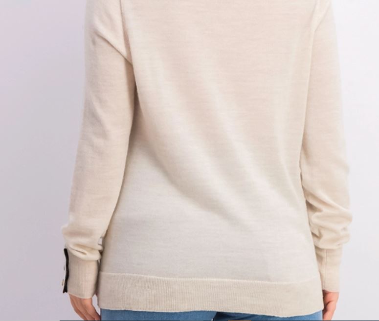 Charter Club Women's Merino Wool Button Cuff Crewneck Sweater Beige Size Medium