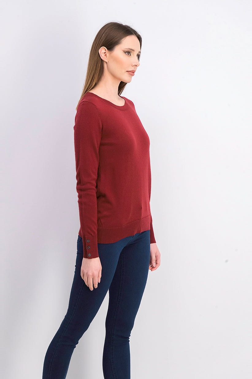 Charter Club Women's Merino Wool Button-Cuff Crewneck Sweater Wine Size Extra Large