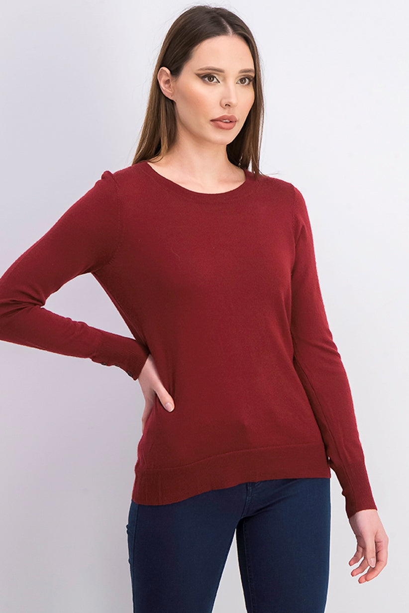 Charter Club Women's Merino Wool Button-Cuff Crewneck Sweater Wine Size Extra Large