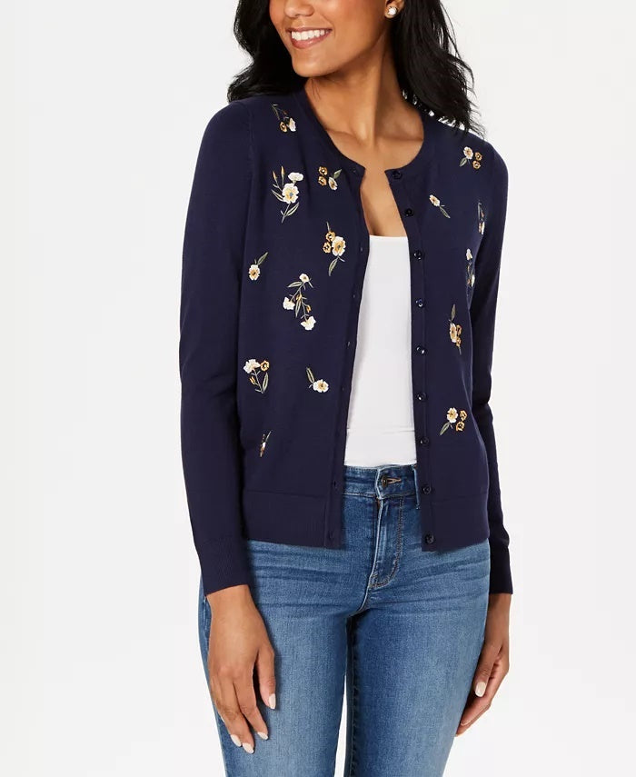 Charter Club Women's Floral Embroidered Cardigan Blue Size X-Large