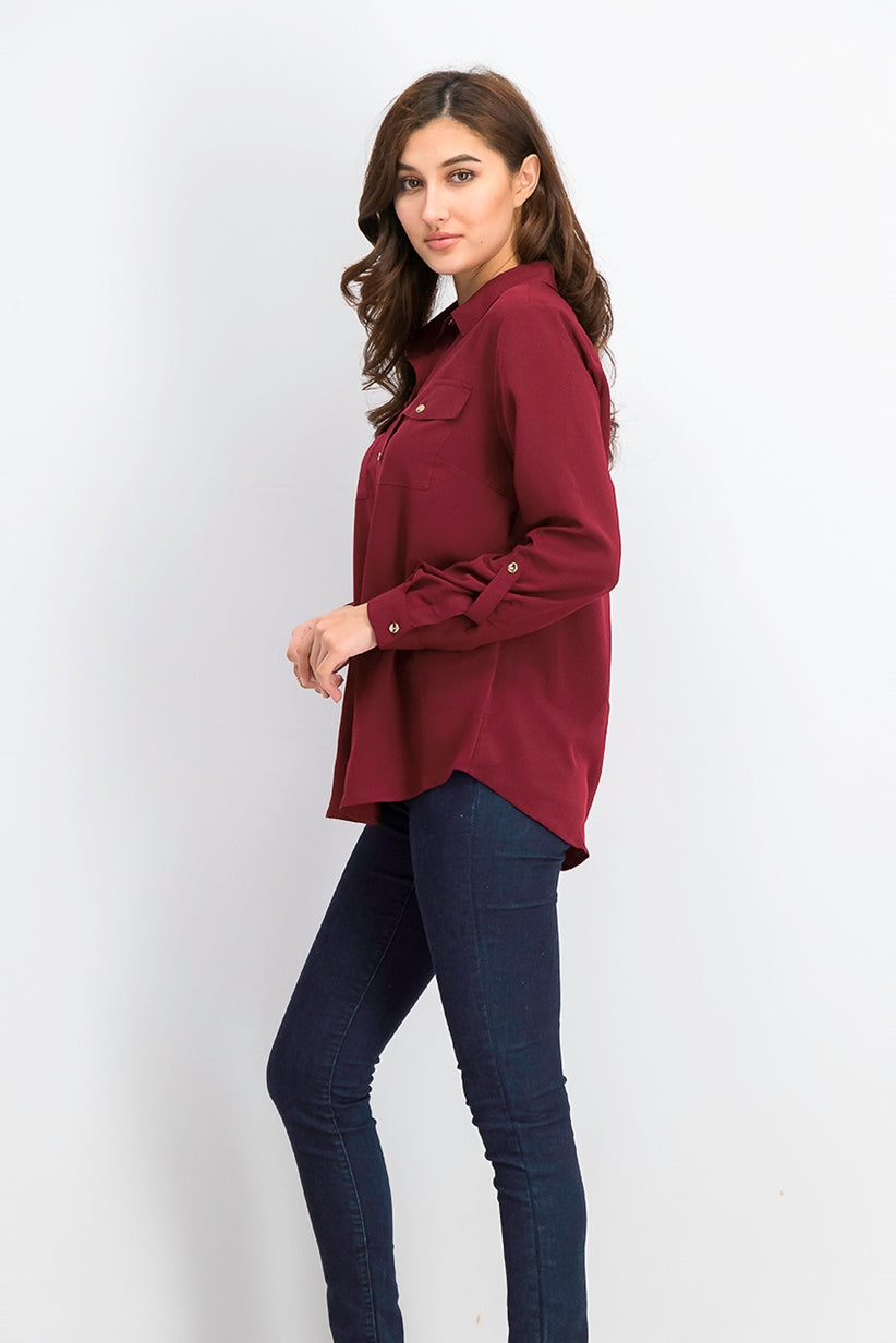 Charter Club Women's Two-Pocket Shirt Wine Size Extra Small