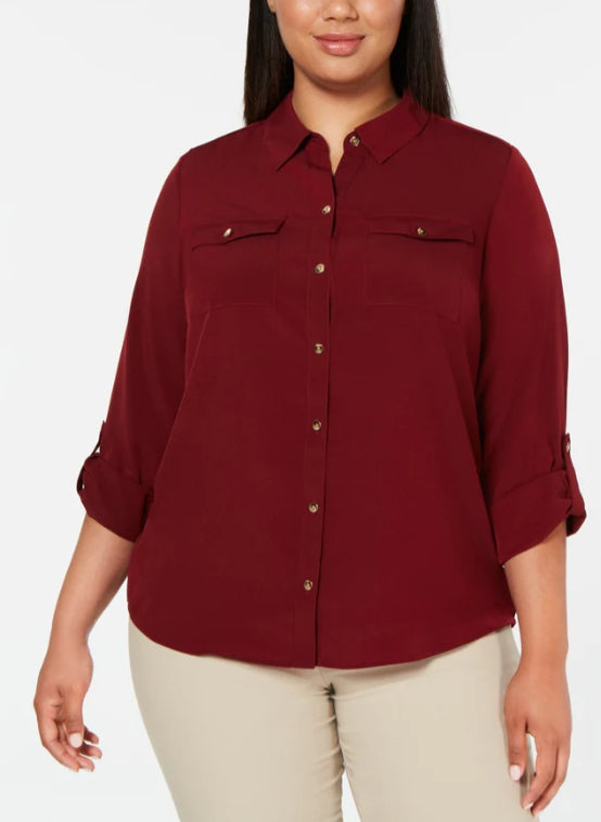 Charter Club Women's Plus Size Button-Front Shirt Red Size 0X