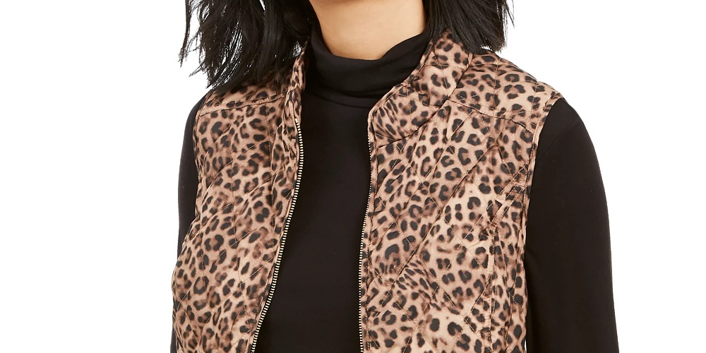 Charter Club Women's Animal-Print Quilted Vest Beige Size Medium