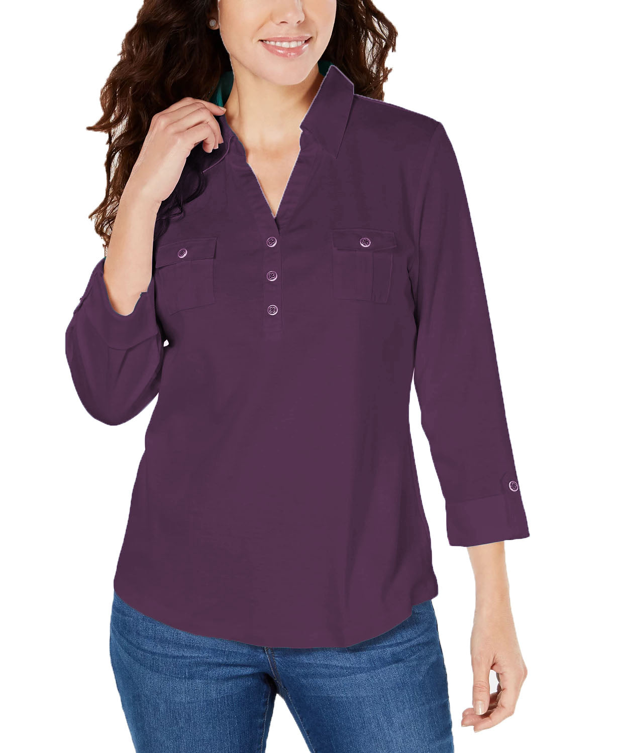 Karen Scott Women's Cotton Johnny-Collar Utility Shirt Blue Size Small