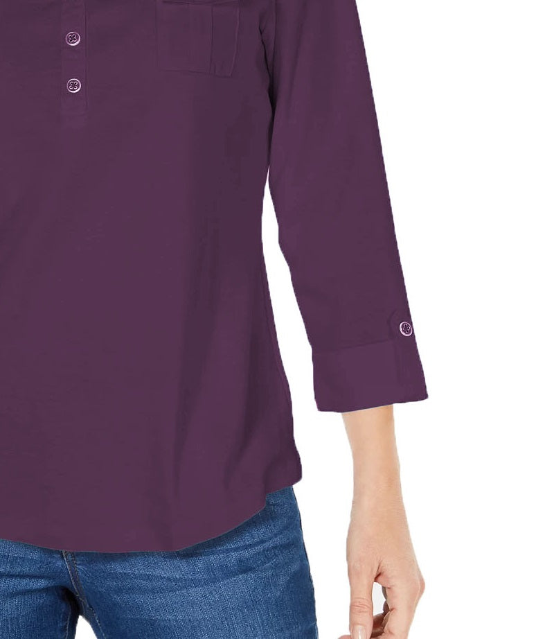 Karen Scott Women's Cotton Johnny-Collar Utility Shirt Blue Size Small