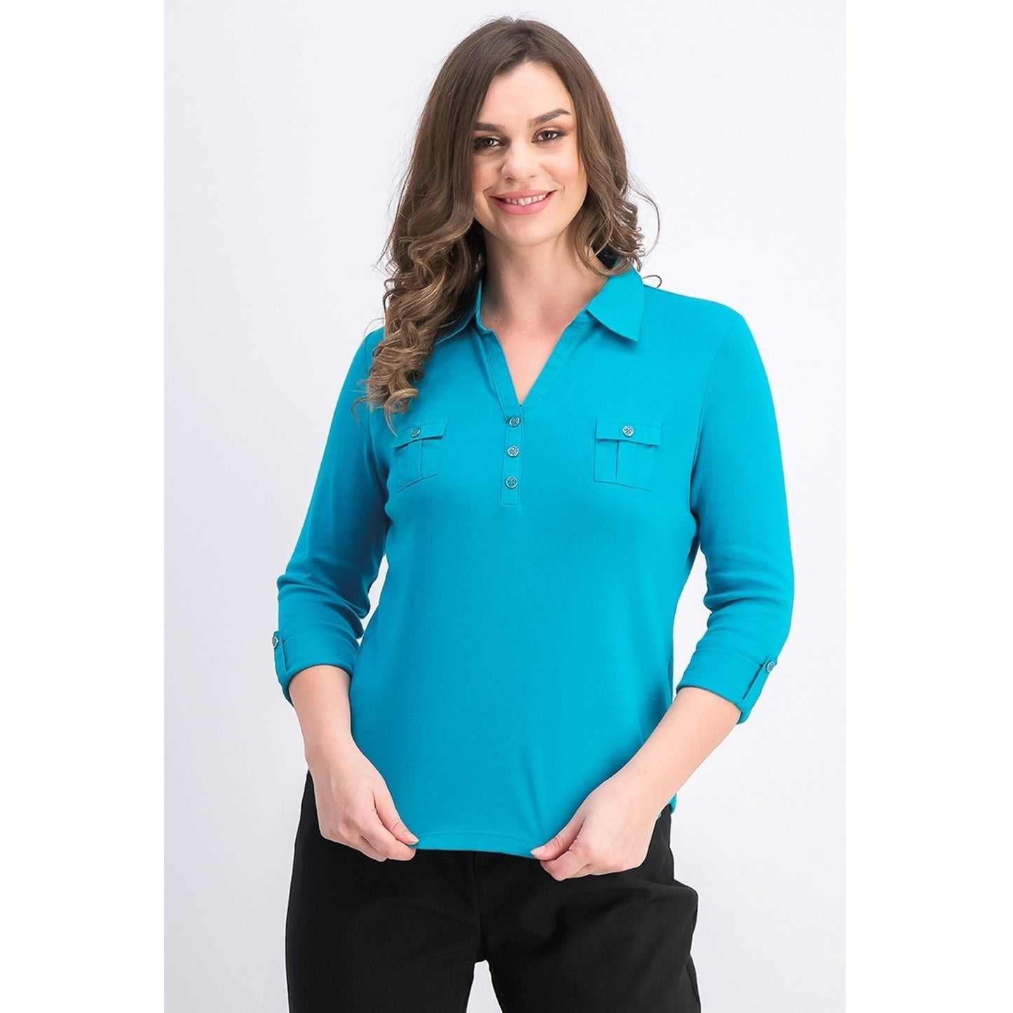 Karen Scott Women's Petite 3/4-Sleeve Polo Shirt Peacock Teal Size Petite Small