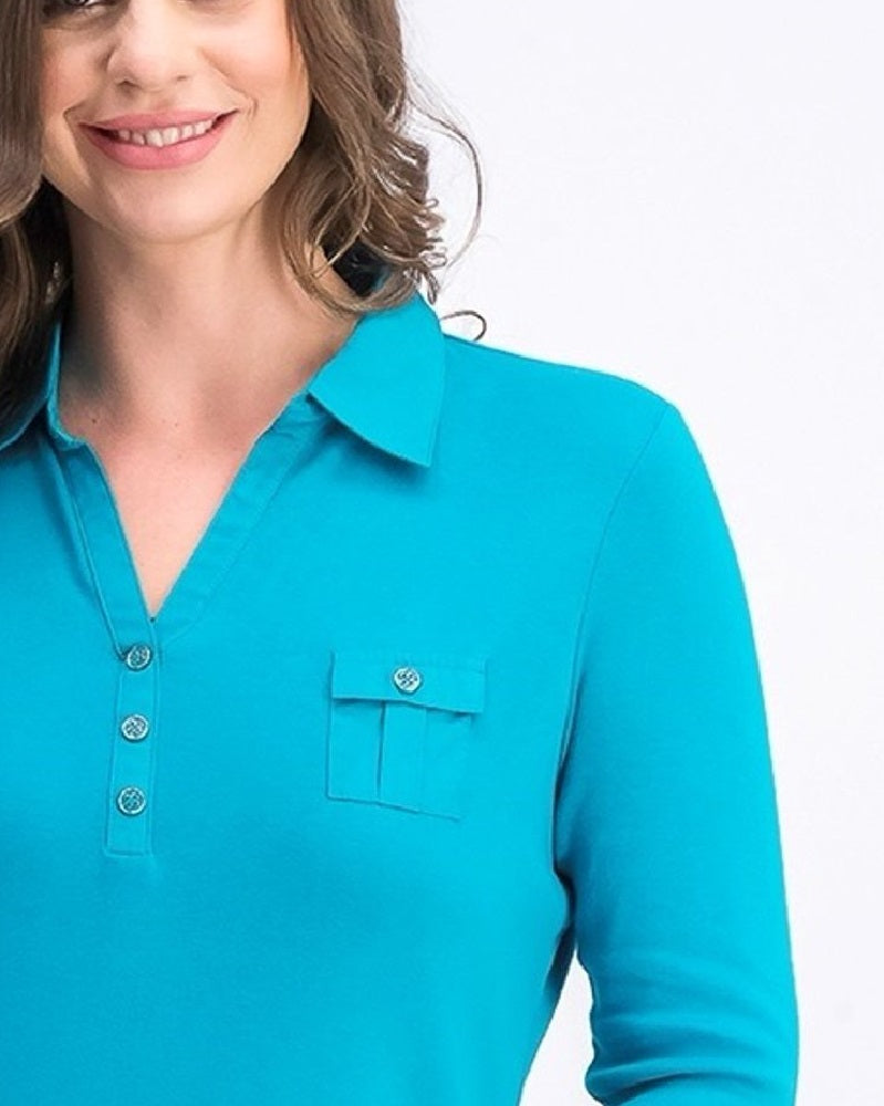 Karen Scott Women's Petite 3/4-Sleeve Polo Shirt Peacock Teal Size Petite Small