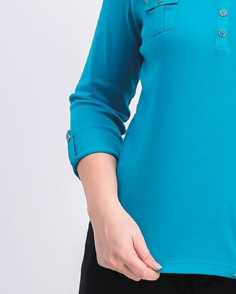 Karen Scott Women's Petite 3/4-Sleeve Polo Shirt Peacock Teal Size Petite Small