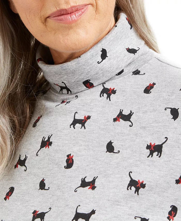 Karen Scott Women's Cat & Bow Printed Turtleneck Top Grey Size X-Large