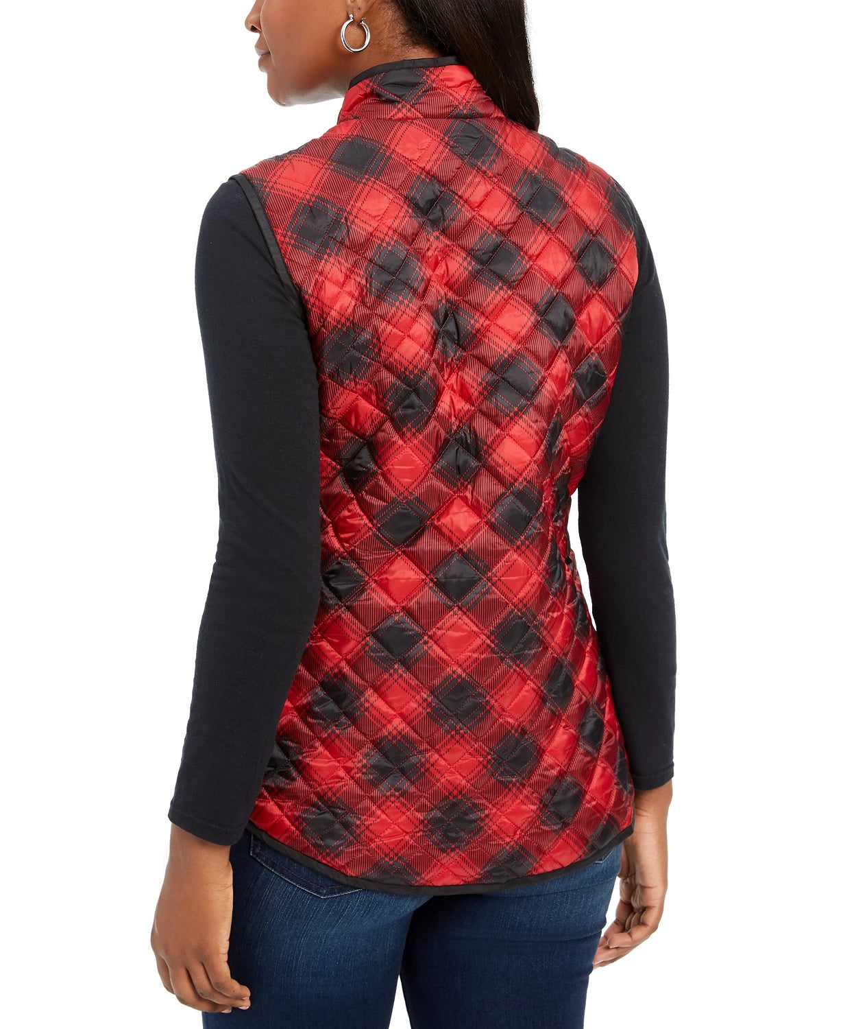 Karen Scott Women's Sport Plaid Puffer Vest Bright Red Size Large