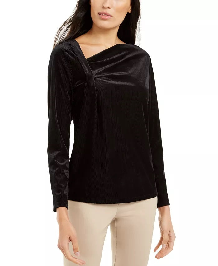 Alfani Women's Asymmetrical-Neckline Velvet Top Black Size Extra Large