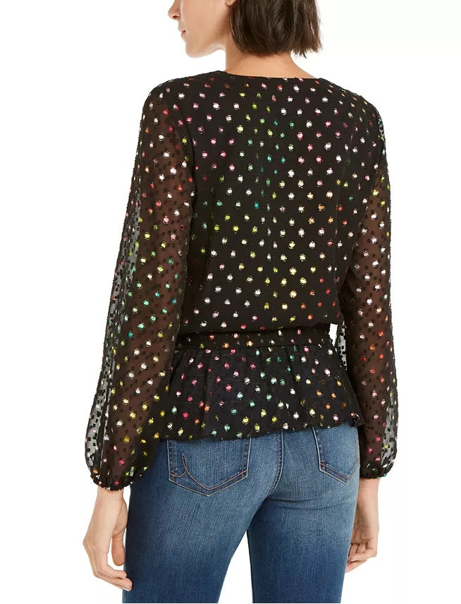 INC International Concepts Women's Rainbow Clip-Dot Wrap Top Black Size Extra Small